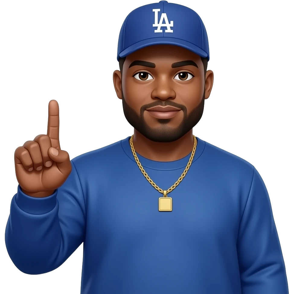 African American chubby man with a  light beige skin complextion with lightly shaved black beard wearing a blue Los Angeles Dodgers baseball cap wearing a long sleeve blue shirt wearing a gold tennis necklace making a pistol using his fingers emoji