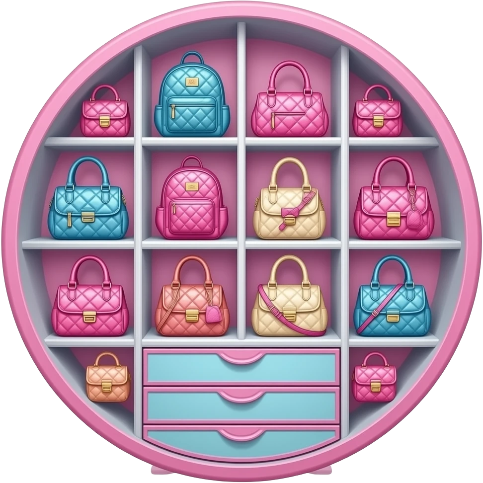 pink, blue, a rotating handbag display cabinet, circular wardrobe filled with a variety of bags including backpacks, handbags, shoulder bags, mini bags, tote bags, and crossbody bags inspired by Barbie colour palette emoji