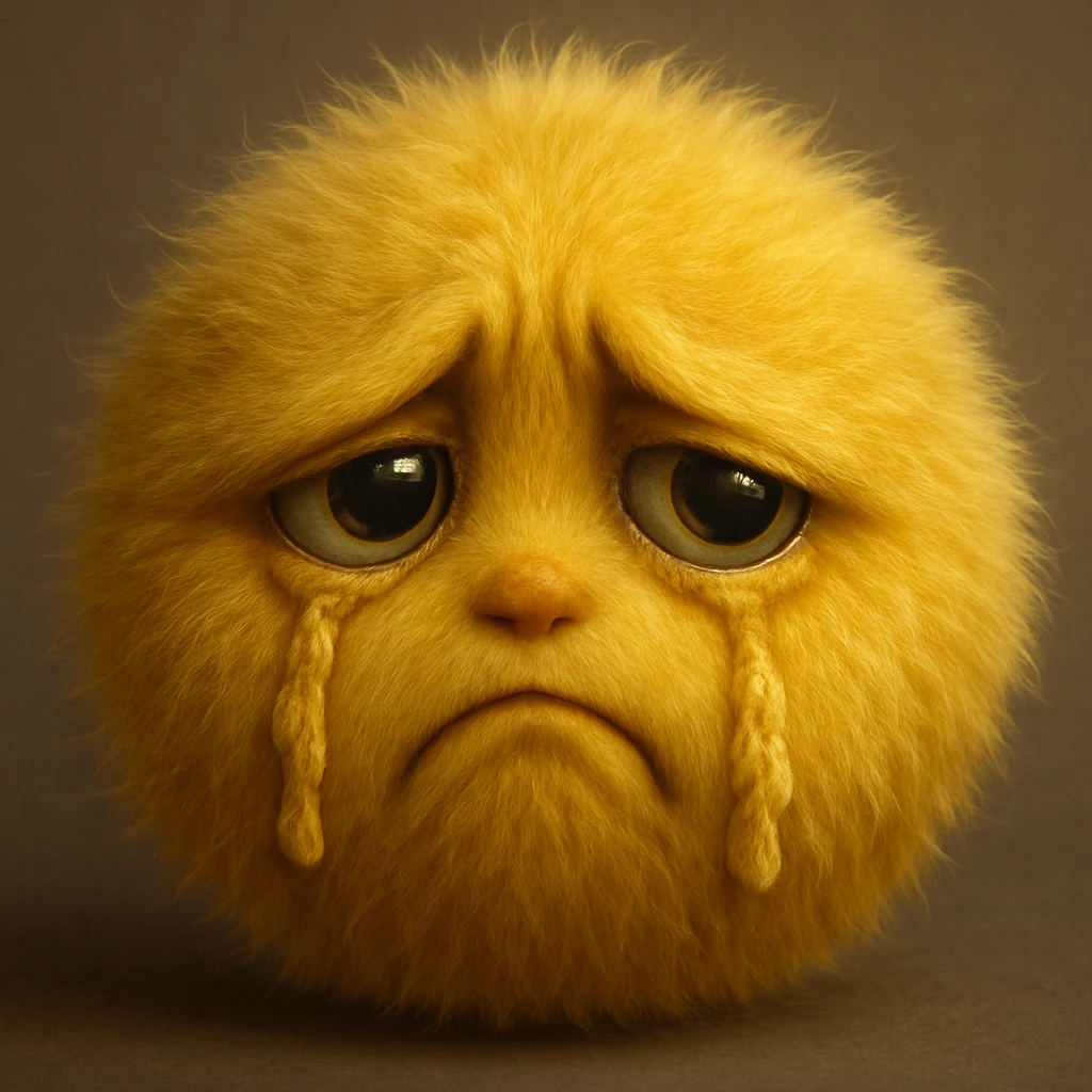 a realistic yellow fur ball face, sad and envious, with furry tears and expressive eyes emoji