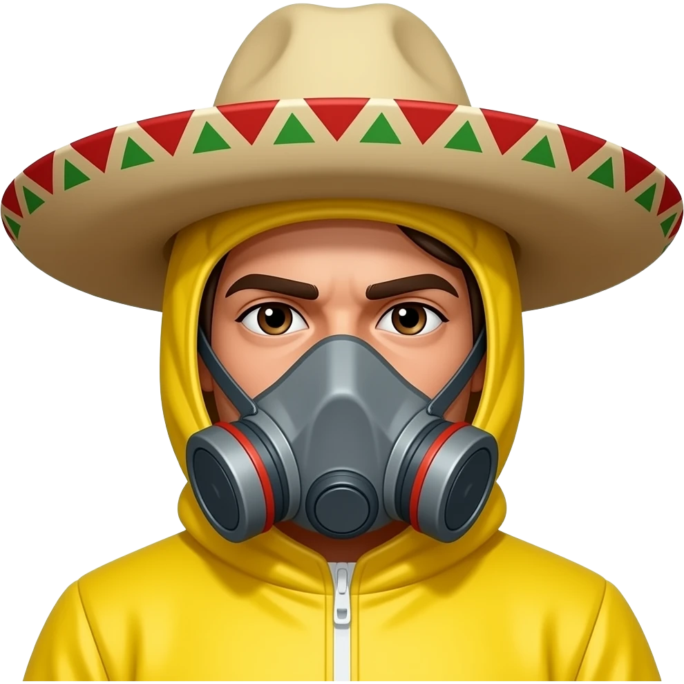 mexican man dark brown hair brown eyes yellow hazmat suit with hood on and mask with sombrero emoji