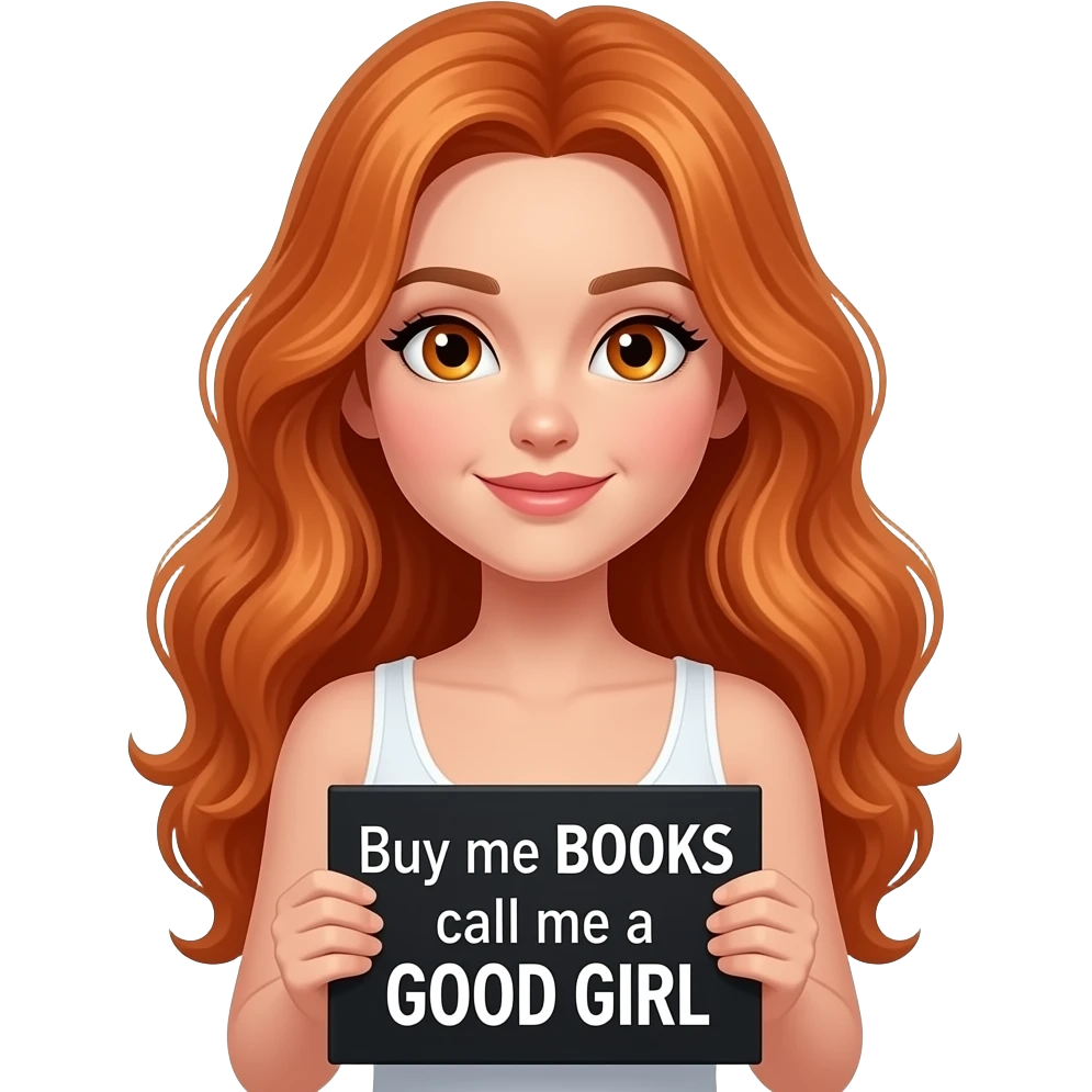 sexy girl with long wavy ginger hair and ginger eyes wearing a white tanktop is holding a black colored sign with Buy me BOOKS and call me a GOOD GIRL written on it emoji