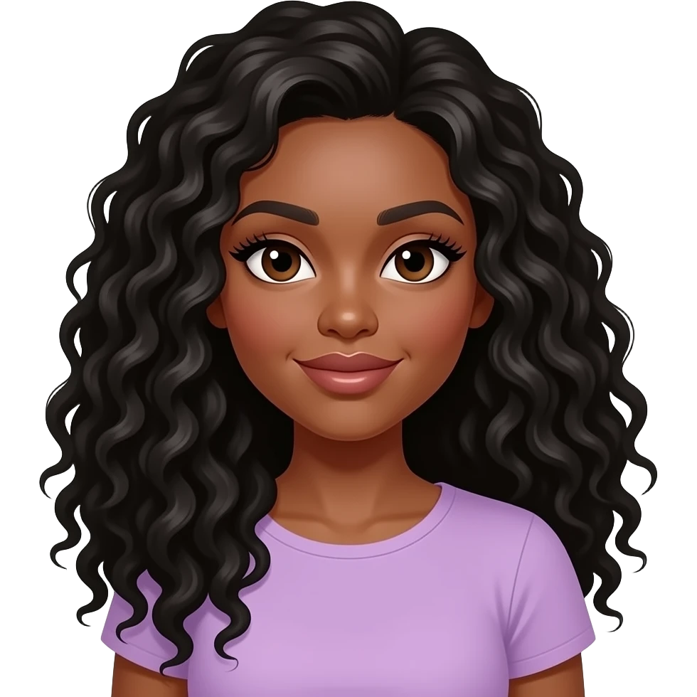 black girl with light brown skin, very beautiful woman, with big plump lips, long long lashes, black curly very very very long long long hair, brown eyes,  light purple top emoji