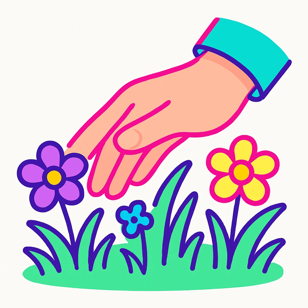 a hand softly brushing against grass and flowers, colorful flat 3D icon, neon colors, white background emoji
