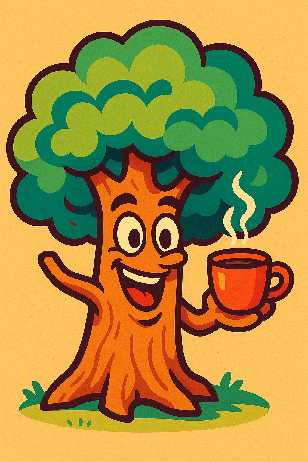 playful tree with expressive eyes, holding a coffee cup in its branch-hand, vibrant toon style emoji