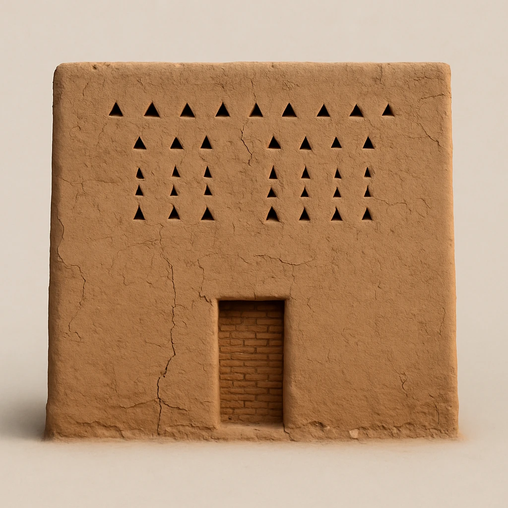 Make the old, weathered mud building house perfectly square in shape while keeping all aged textures, cracks, and authentic details intact. Show the front view only, with no sky or sunset in the background. Maintain the rustic and aged appearance authentically. emoji