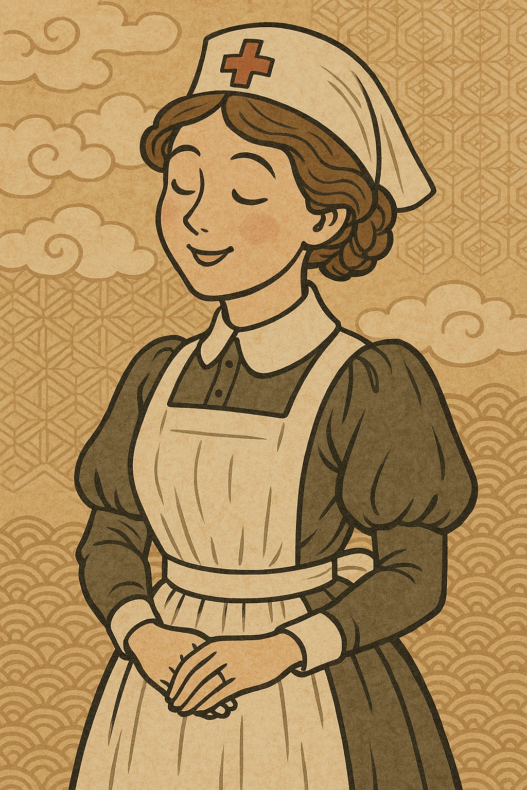 a Victorian nurse in period uniform, looking happy, ukiyo-e style emoji