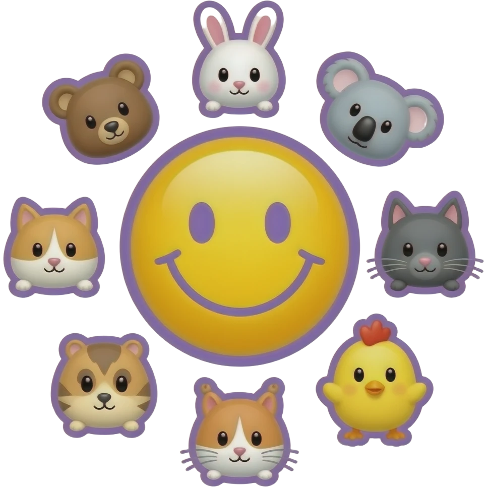 Yellow Smiley in the centre. The smiley  with white and purple outline , circle form ,serrounded by the head only of these 7 symbols: 🐻🐰🐨🐈🐹🐿🐥 Small size. Bright yellow background instead of red, lighter purple outlines emoji