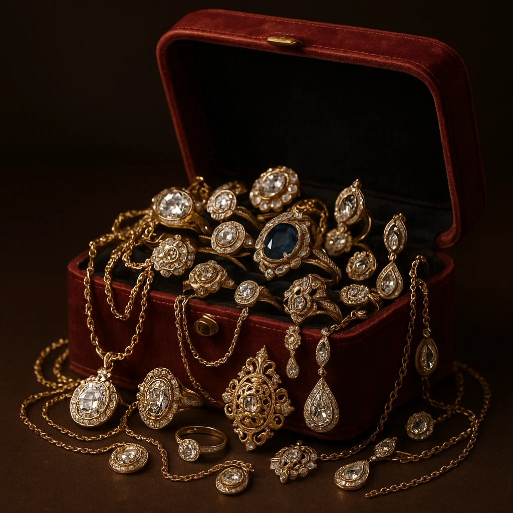 an open dark red jewelry box overflowing with necklaces, rings, and earrings emoji