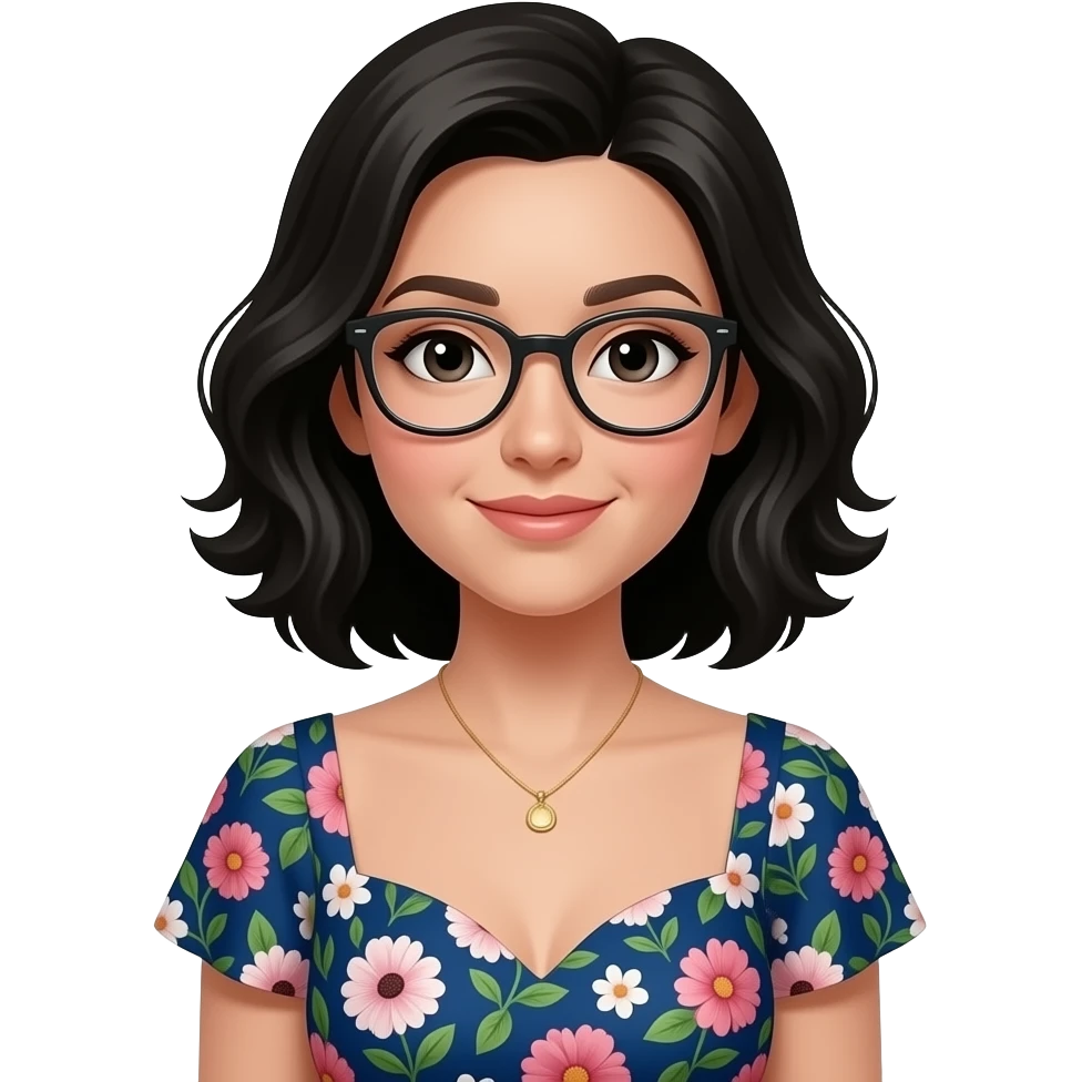 Cara Guera ,cabello chino con lentes con vestido floreado emoji