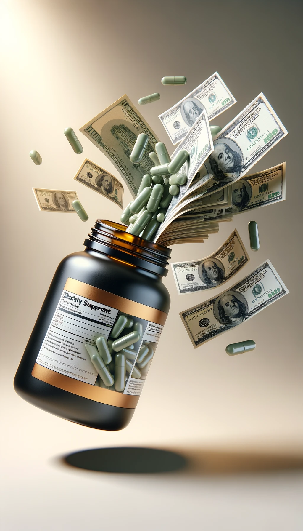boccetta di integratore fluttua in aria, dalla boccetta aperta escono delle banconote, sfondo neutro chiaro, iperrealistico 4k emoji