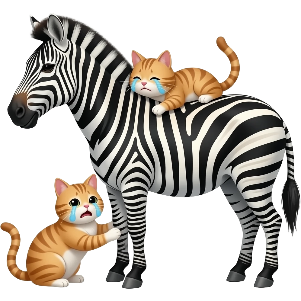 mad zebra male is doing back hug with cat female, cat female is crying and zebra male is mad. emoji