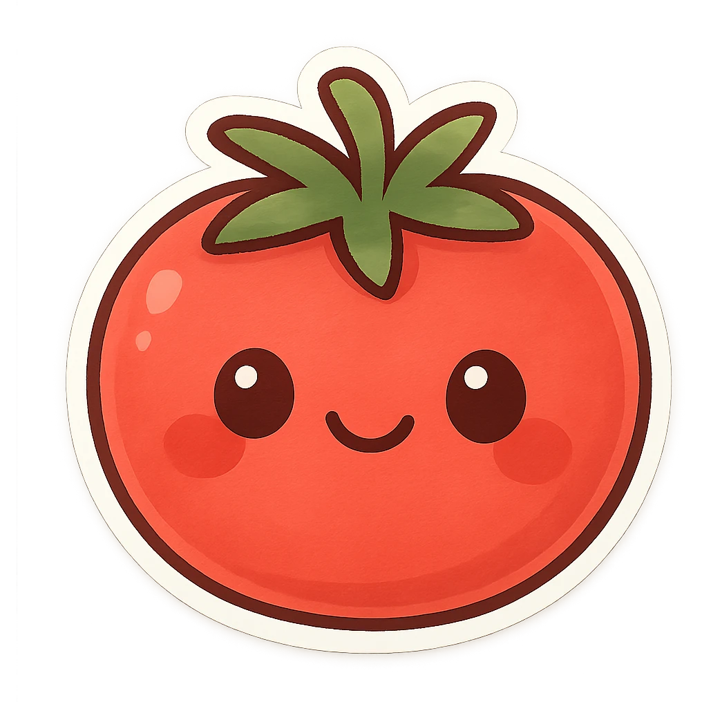chibi sticker-style tomato with a smiling face, cute and exaggerated emoji