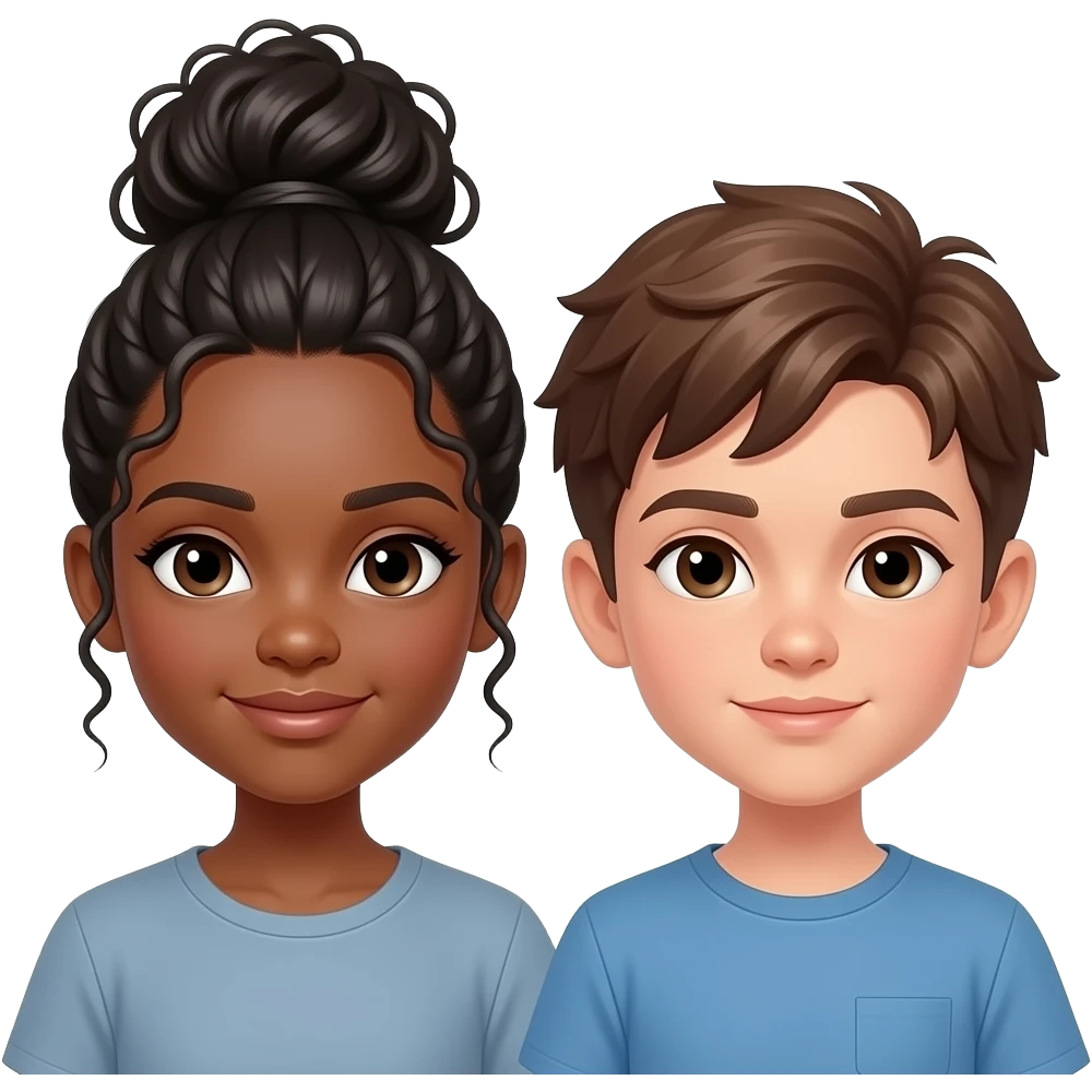 make a black brownskinned on the have a straight silk press messy bun and a boy next to her is lightskinned with brown hair emoji