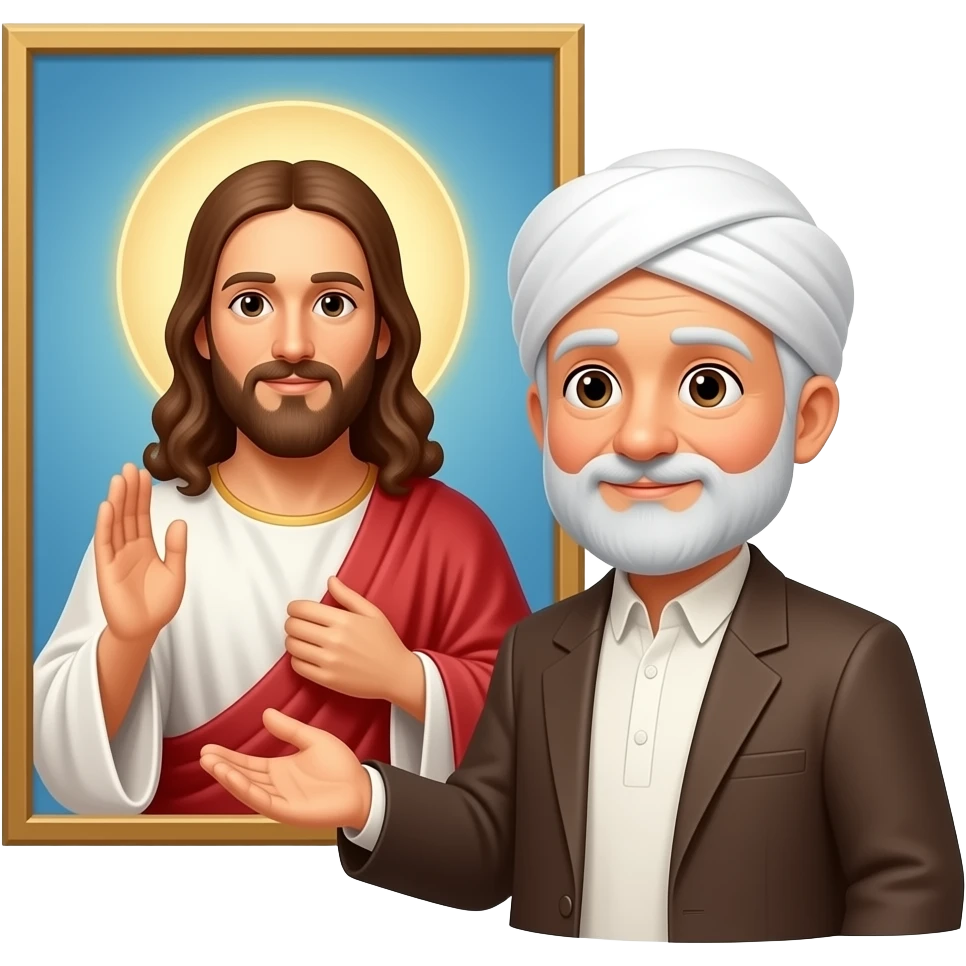 пожилой мужчина мусульманиенях перед Иисусом, который стоит перед ним emoji