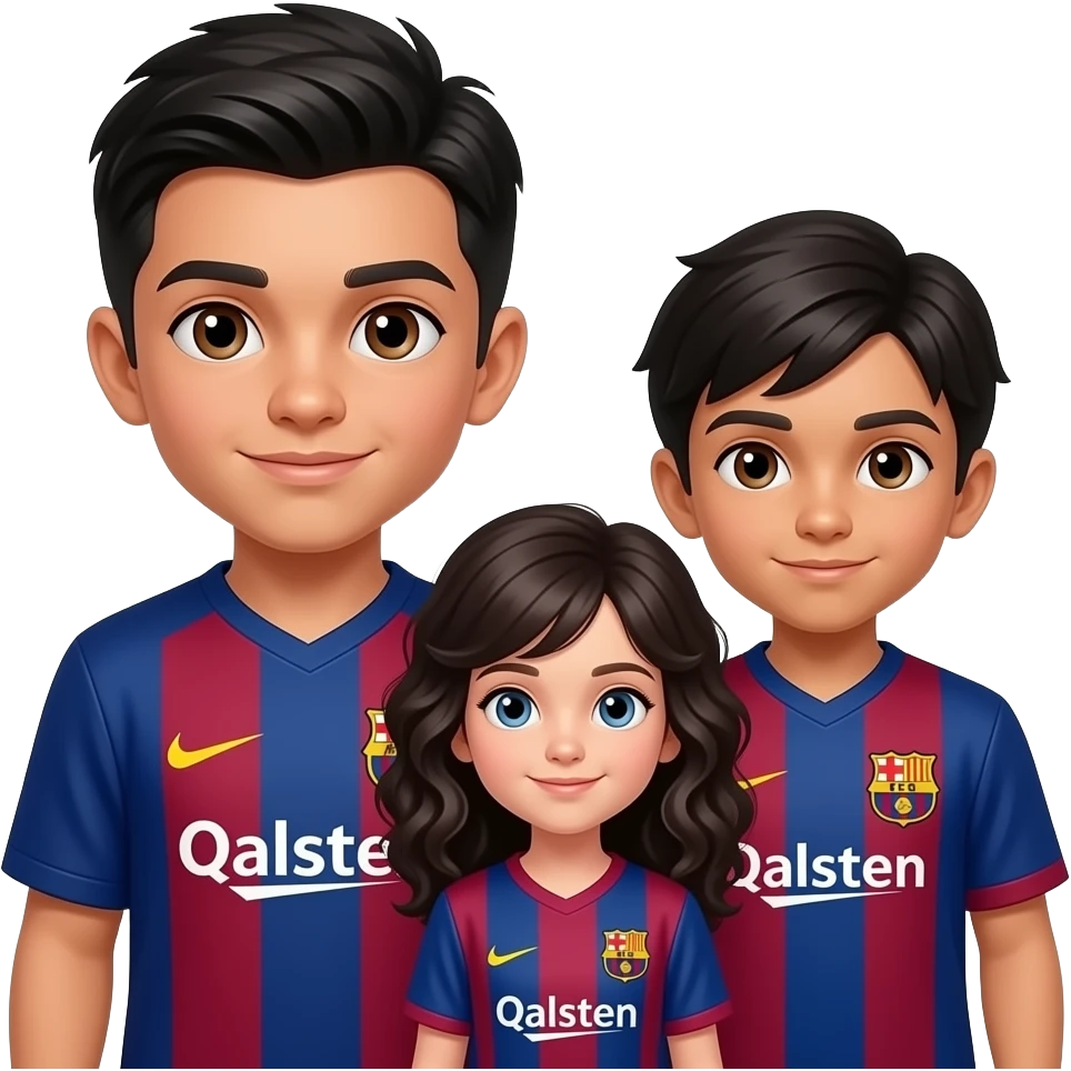 3 enfants, un premier garçon le plus grand les cheveux noirs courts les yeux marrons et un maillot du FC Barcelone, un 2ème garçon un peu plus petit cheveux noirs mi longs les yeux marrons et un maillot du FC Barcelone, enfin une fille plus petite encore cheveux bouclés longs noirs yeux bleus emoji