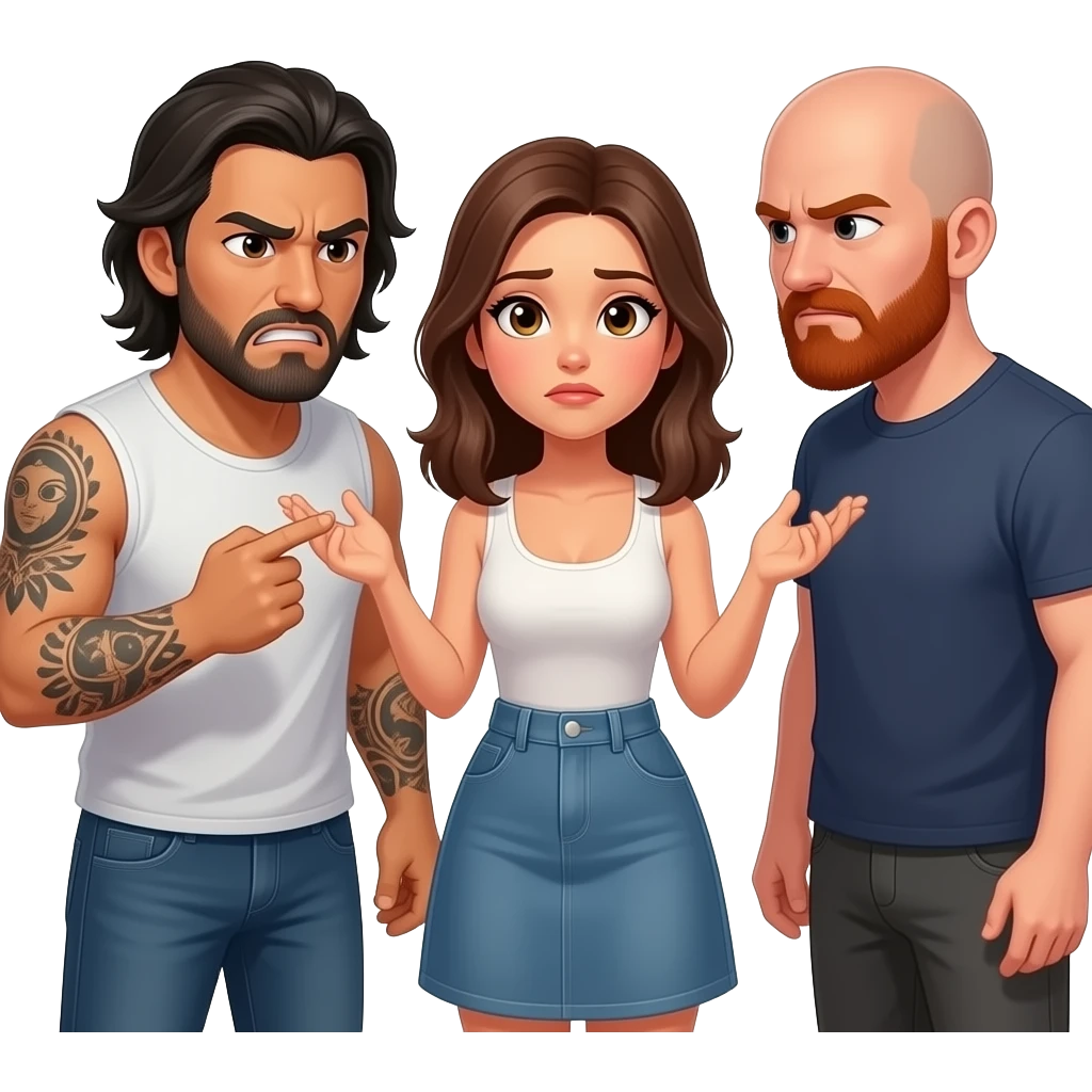 A really sad but angry Latino husband with medium length hair and beard and tattoos found out his wife was cheating on him with a bald, red bearded guy, and his wife is beautiful with hazel eyes and shoulder length brown hair and their relationship is broken emoji