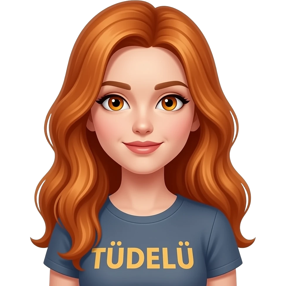 sexy girl with long ginger hair and ginger eyes a top with TÜDELÜ written on it emoji
