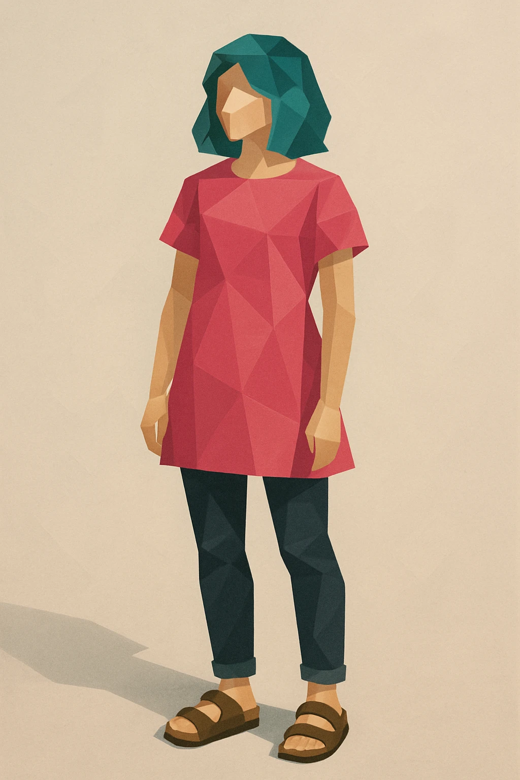 girl with teal hair, wearing a hot pink dress, black jeans, and brown birkenstocks, modern illustration style emoji
