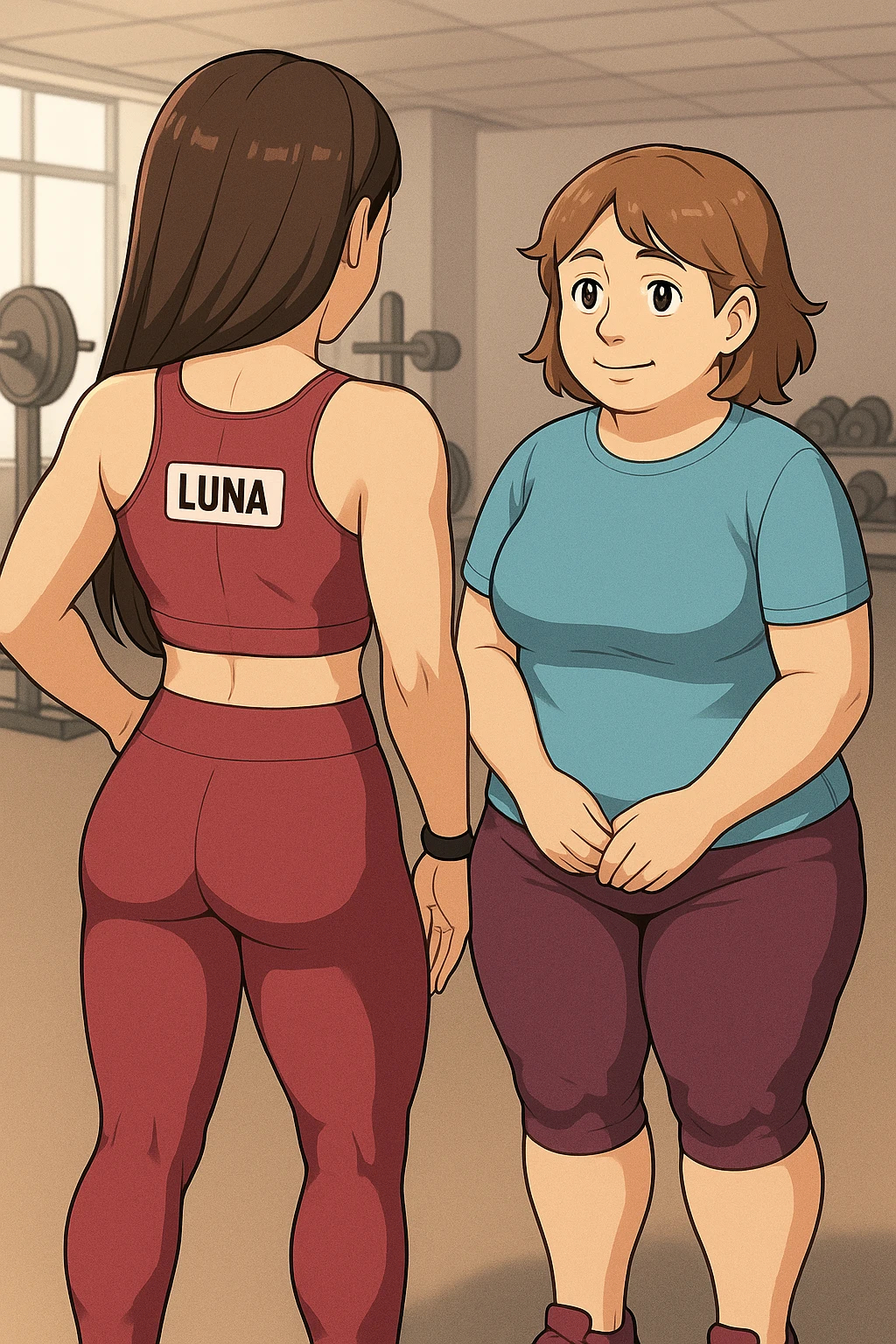 prendi spunto da queste immagini per fare: fai un webtoon/manga a colori con questa personal trainer (falle la scritta "LUNA" SU UNA TARGHETTA APPOSTA SUL TOP SPORTIVO CHE HA), che parla IN PALESTRA con una sua cliente che ha cellulite ed è leggermente in sovrappeso. LA SIGNORA è IN ABITI SPORTIVI E ascolta la trainer con attenzione. LUNA STA DI SPALLE MENTRE PARLA PER MOSTRARLE I MUSCOLI DEI FEMORALI CHE HA (LE STA CONSIGLIANDO DI ALLENARLI). NON FARE I FUMETTI, FAI SOLO LORO COME SE DIALOGASSERO. FAI LE DUE FIGURE A FIGURA INTERA CON IL CORPO INTERAMENTE VISIBILE emoji