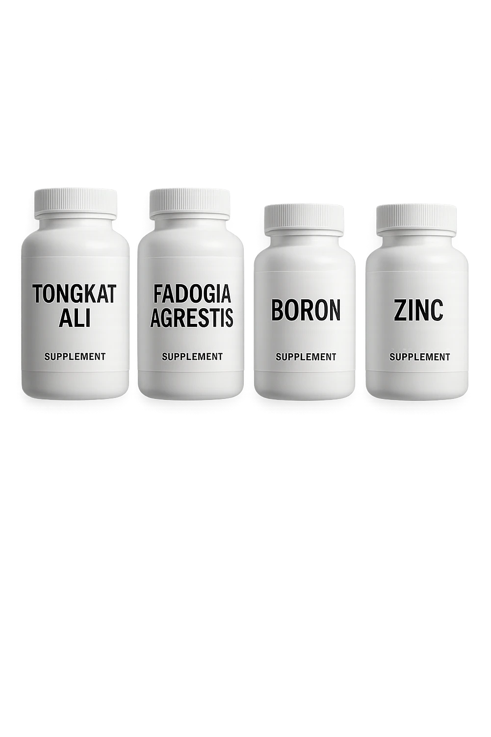 4 boccette di integratore: Tongkat Ali, Fadogia Agrestis, Boron e Zinco fluttuano in aria verticalmente emoji