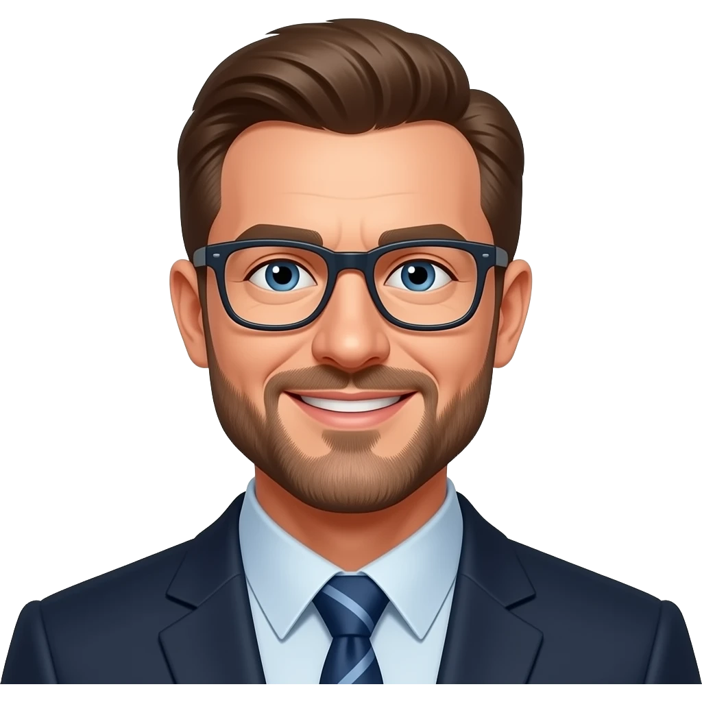 middle-aged white man with short brown hair. blue eyes. beard. glasses. smiling. wearing a suit. emoji