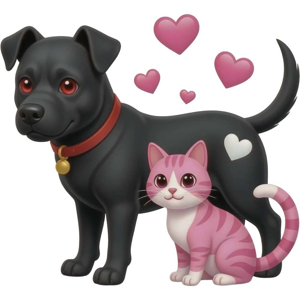 make a black evil dog  with red eyes and a cat pink with hearts pink and hearts white emoji