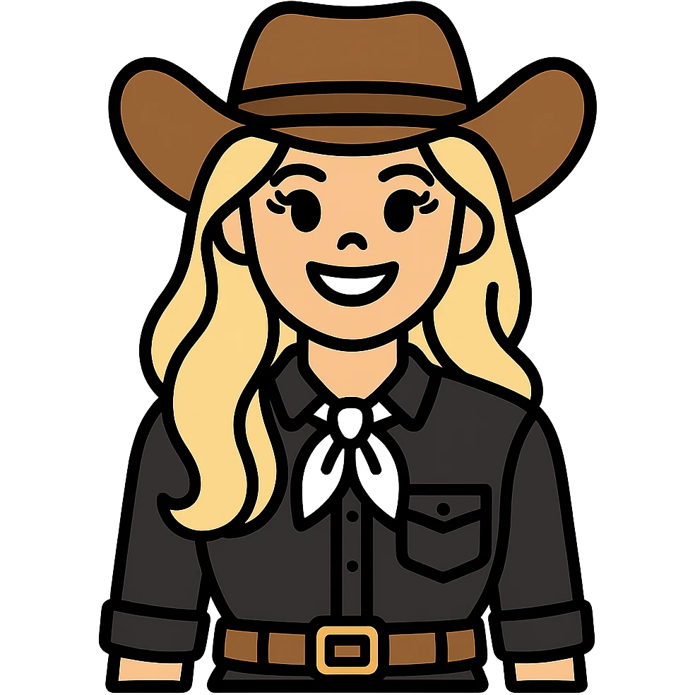 Make the cowgirl's skin lighter, hair lighter blonde, give her rounder cheeks, a big smile, longer eyelashes, and a black lace shirt. Keep the background transparent. emoji