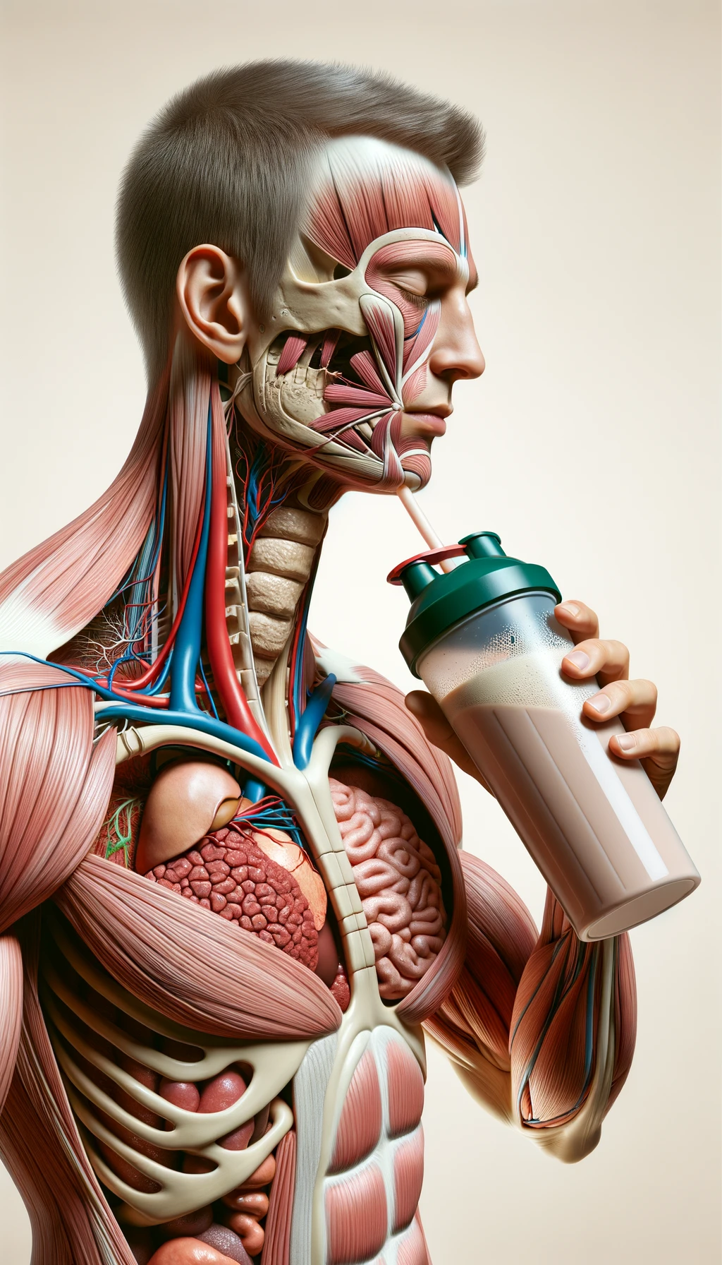 CORPO UMANO ANATOMICO CON OCCHI CHIUSI MENTRE BEVE UNO SHAKER PROTEICO, ORGANI IN EVIDENZA, IPERREALISTICO SFONDO CHIARO NEUTRO emoji