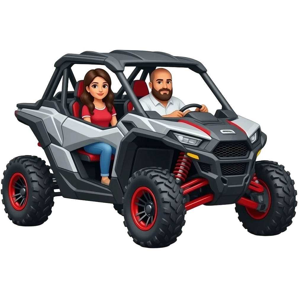Sxs Grey and red can am maverick racing sxs with husband driving (he’s fat bald with really big beard)and wife that is Indian with brown hair emoji