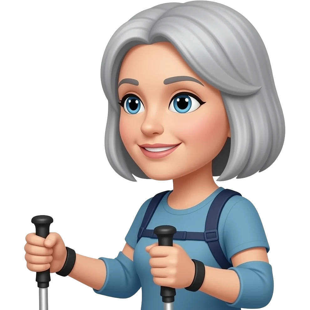 woman with grey bob haircut nordic walking, pole in each hand, side view emoji