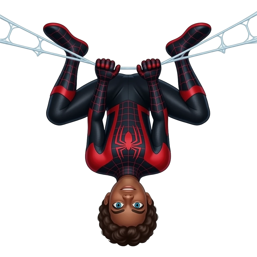 Spiderman miles morales wearing his mask too in his black and red suit hanging upside-down through web string emoji