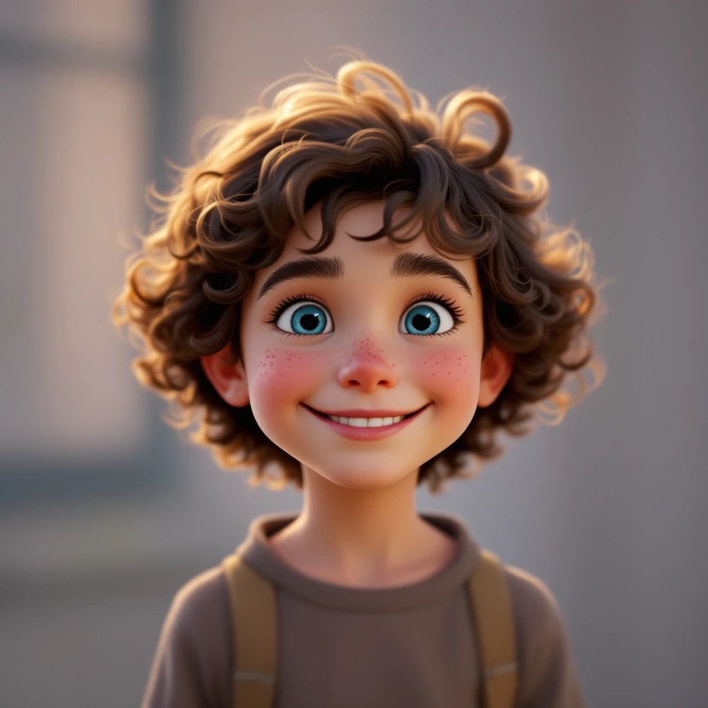 3D Disney style portrait of a smiling child with curly brown hair, blue eyes, and freckles, inspired by the provided image emoji