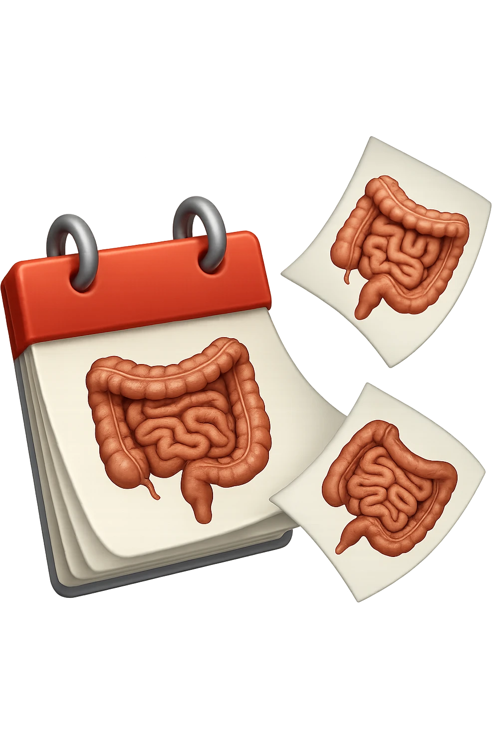 emoji stile iphone di un calendario con fogli che volano insieme, sui fogli ci sono disegnati degli intestini anatomici, iperrealistico 4k, isolato su sfondo bianco emoji