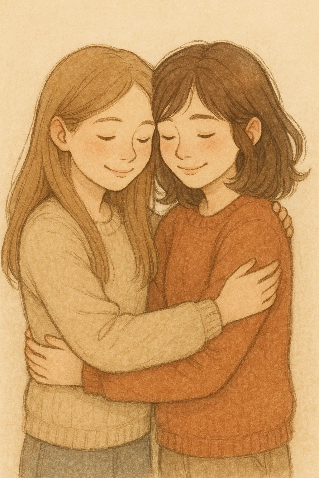two girls hugging, warm and friendly style emoji