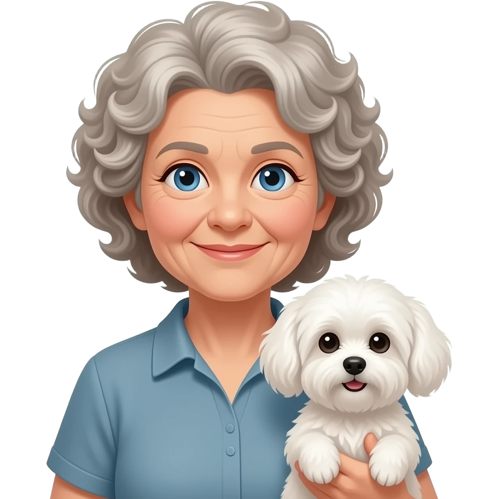 Elderly woman blue eyes very curly hair with maltese dog emoji