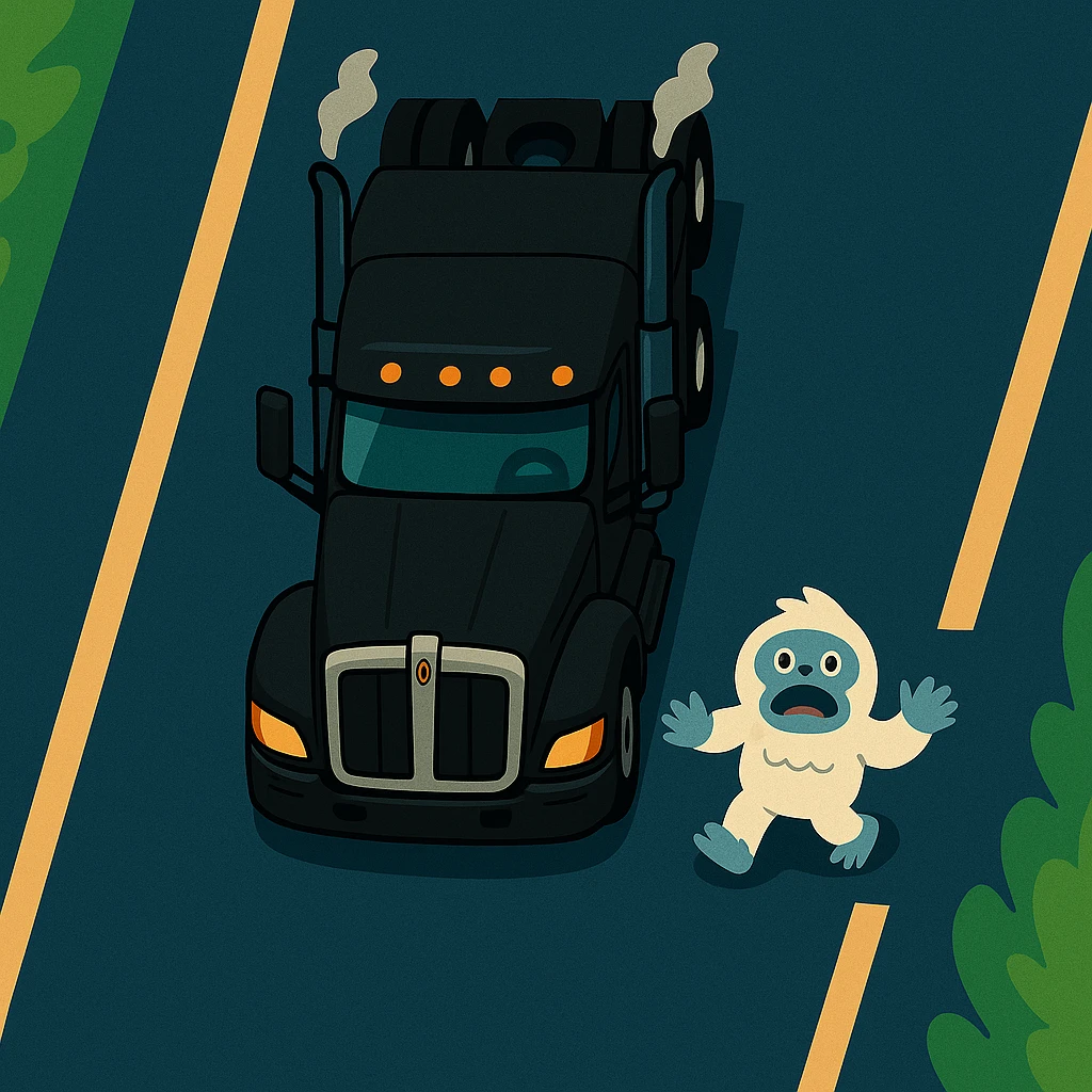 Place the small yeti (abominable snowman) on the highway in front of the modern black Kenworth W680 flat top semi sleeper, top-down animated style, no text. The style should be top-down animated, colorful and playful, with no text. emoji