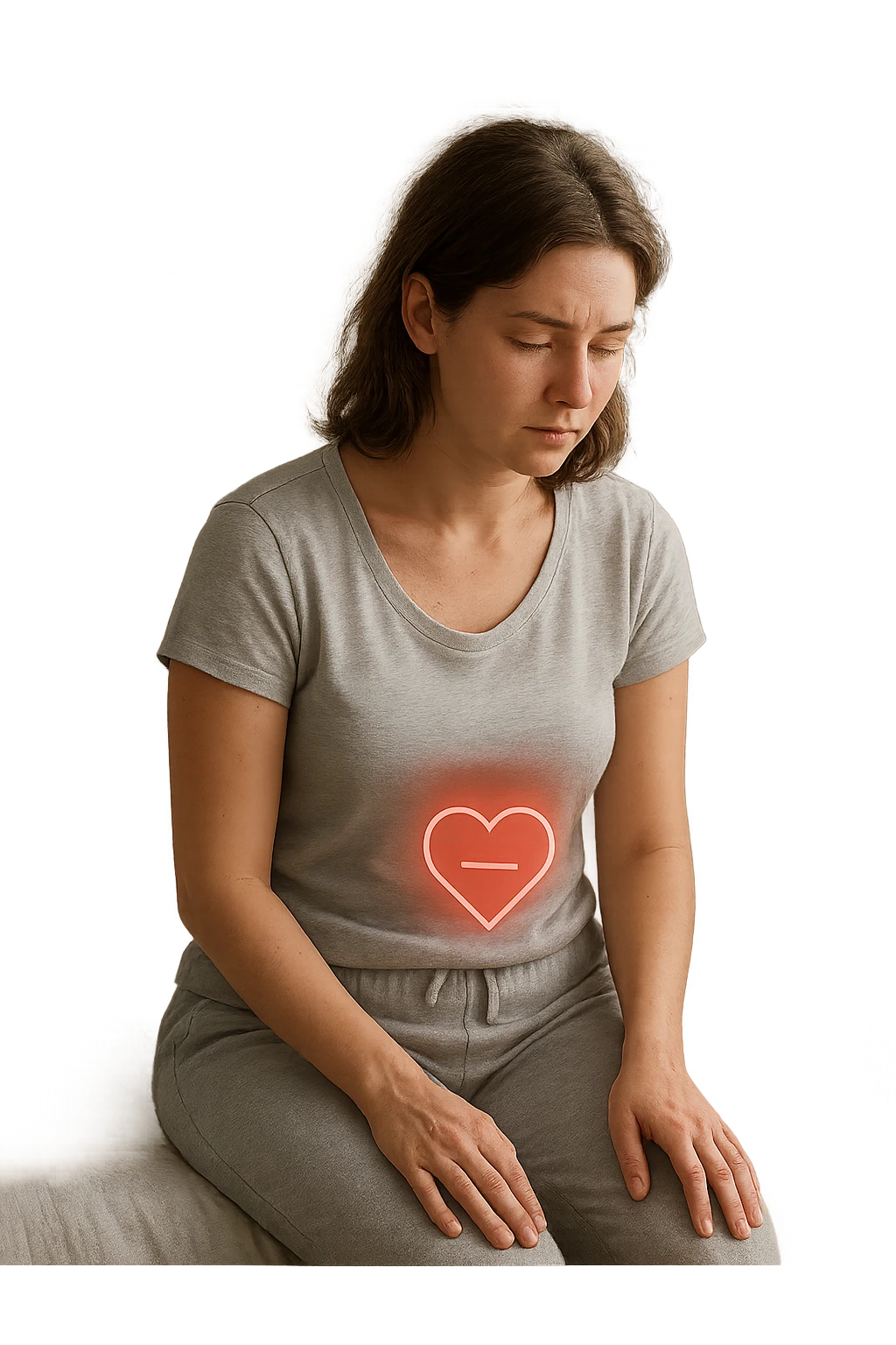 3D realistic medical illustration: a young woman in her 20s or 30s sits on the edge of a bed in a softly lit bedroom, looking thoughtful and slightly concerned. She wears comfortable loungewear, her posture is slouched, and her expression is subdued. Subtle visual cues—such as a faded calendar with missed menstrual cycles and a dimmed heart or energy icon near her abdomen—symbolize low libido and amenorrhea. The scene is realistic, intimate, and empathetic. emoji