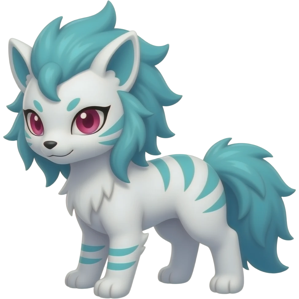 White elegant beautiful natural cute badass epic anthro modern albino vernid-Fakémon with cyan mane and magenta eyes with cyan edgy stripes, full body emoji