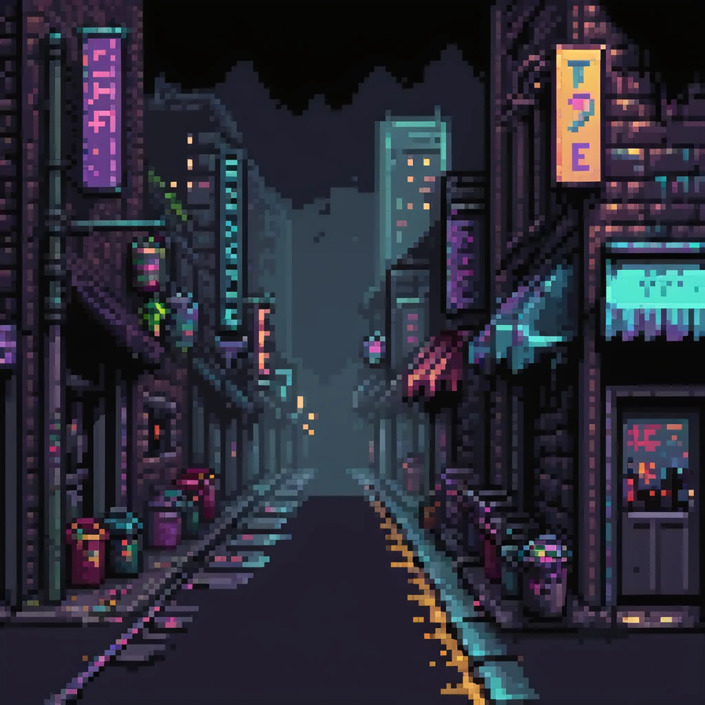 Pixel art background, side view of a dark Gotham-style street at night, moody lighting, flickering neon signs, trash bins, wet pavement, shadows in windows, 2D fighting game stage style, straight camera angle, retro arcade aesthetic
 emoji