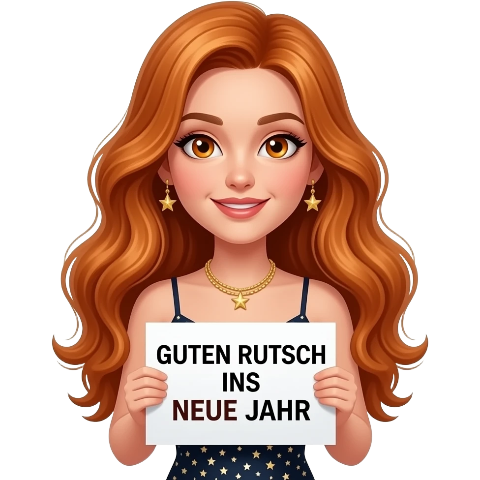 sexy girl with long wavy ginger hair and ginger eyes wearing a new years eve dress is holding a white colored sign with GUTEN RUTSCH INS NEUE JAHR written on it emoji