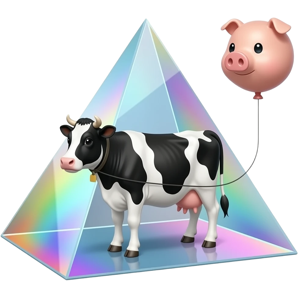 a black and white cow stands inside a glass pyramid floating in space and shining with rainbow colors, outside the pyramid floats a balloon in the shape of a pig connected to the cow emoji