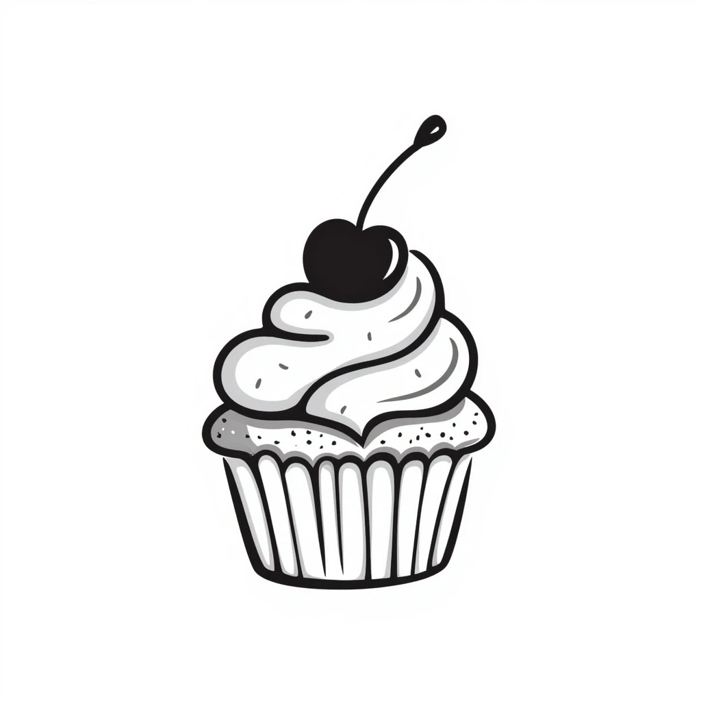 cupcake with pink icing, hand-drawn doodle style, simple lines, playful emoji