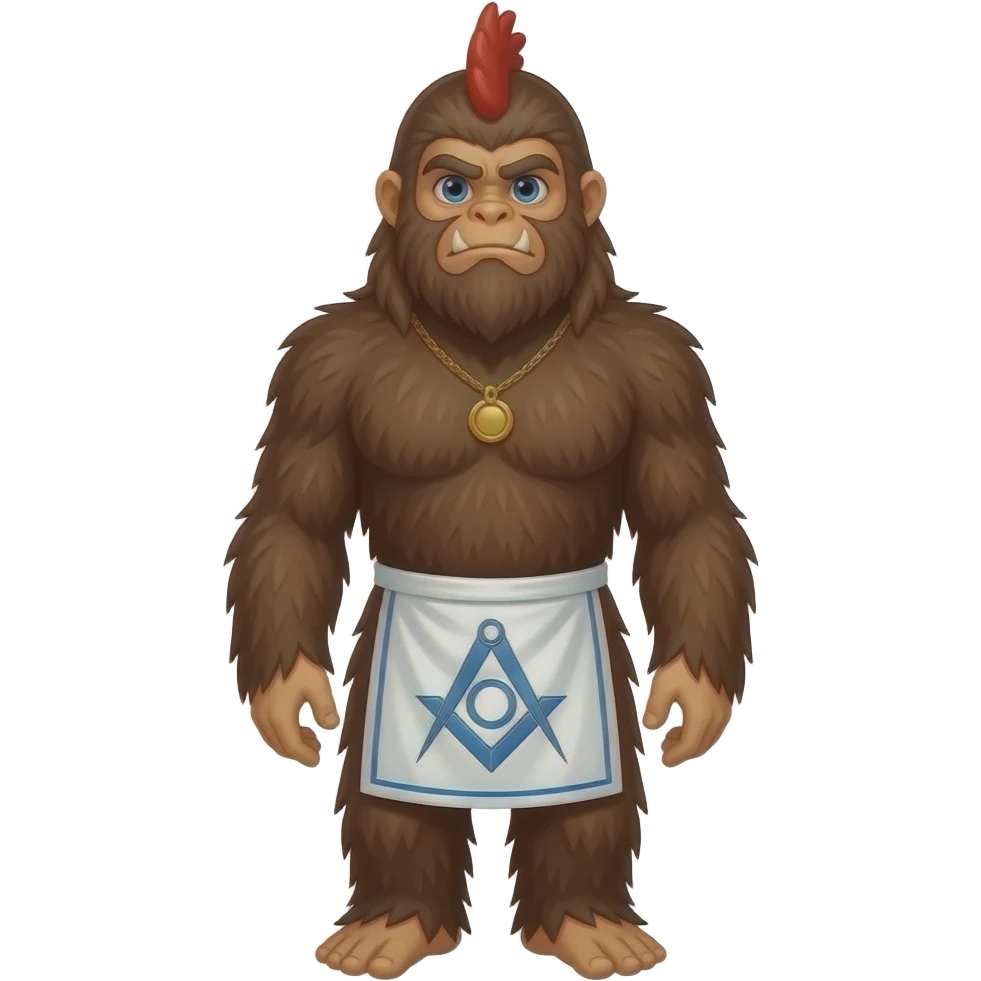 Sasquatch is a fashionable young male brunette yeti with a stylish cockerel-crested hairstyle and a Masonic apron on his belt. emoji