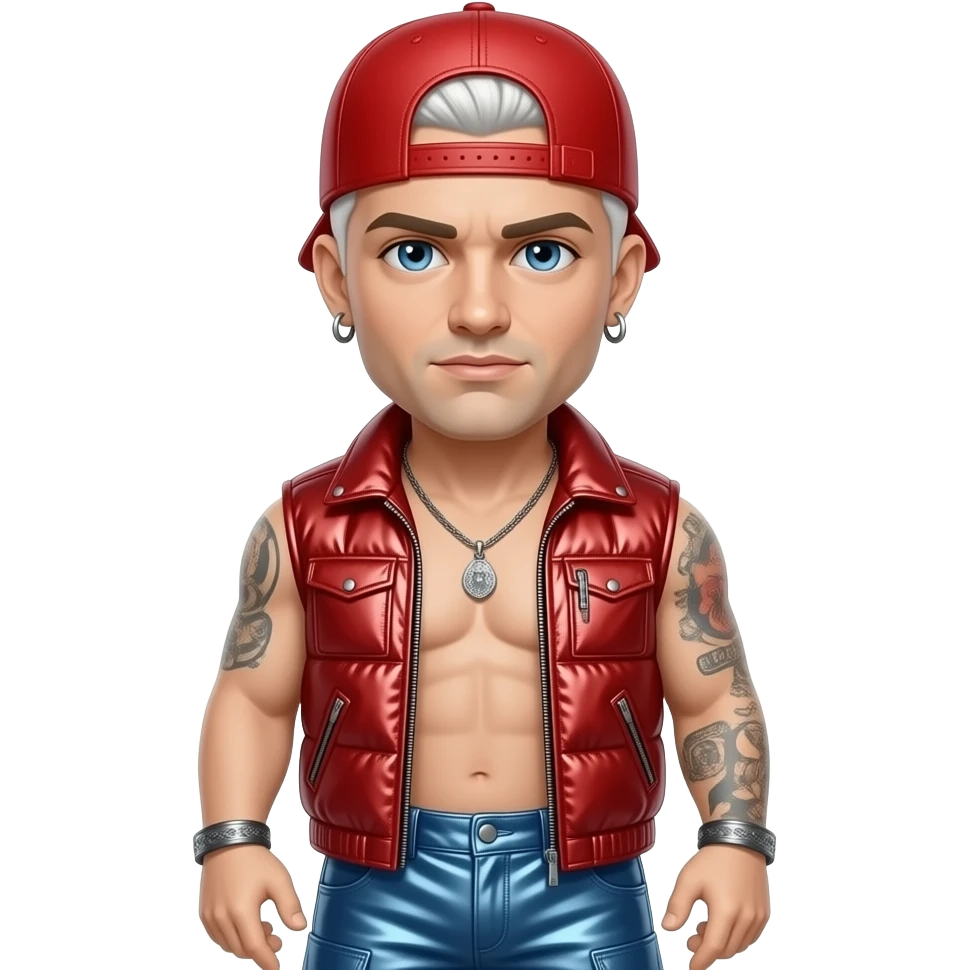 Fred Durst with white-blonde buzz cut hair, blue eyes, red cap, red metallic vest, indigo metallic baggy loose pants, shirtless with necklace and earrings emoji