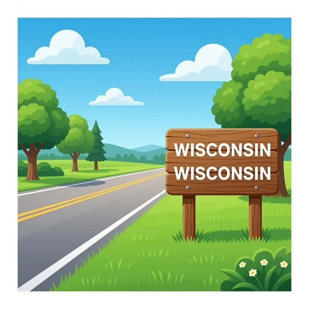 make a sign that says “welcome to Wisconsin” just like the real one on a road with bright green grass and trees. put it on the right side of the grass emoji