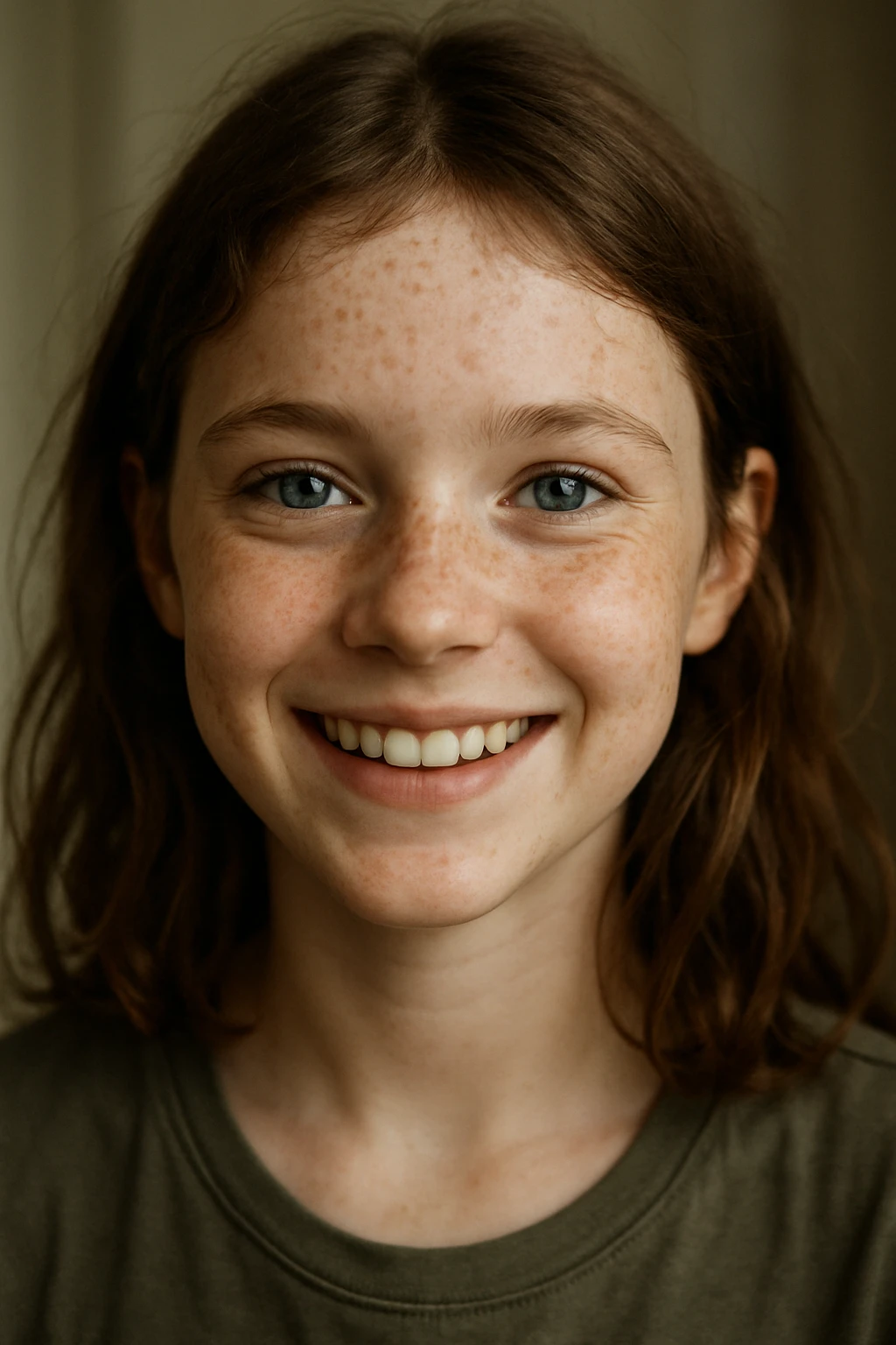 smiling girl with dusty brown hair, sharp blue eyes, pale skin with freckles emoji