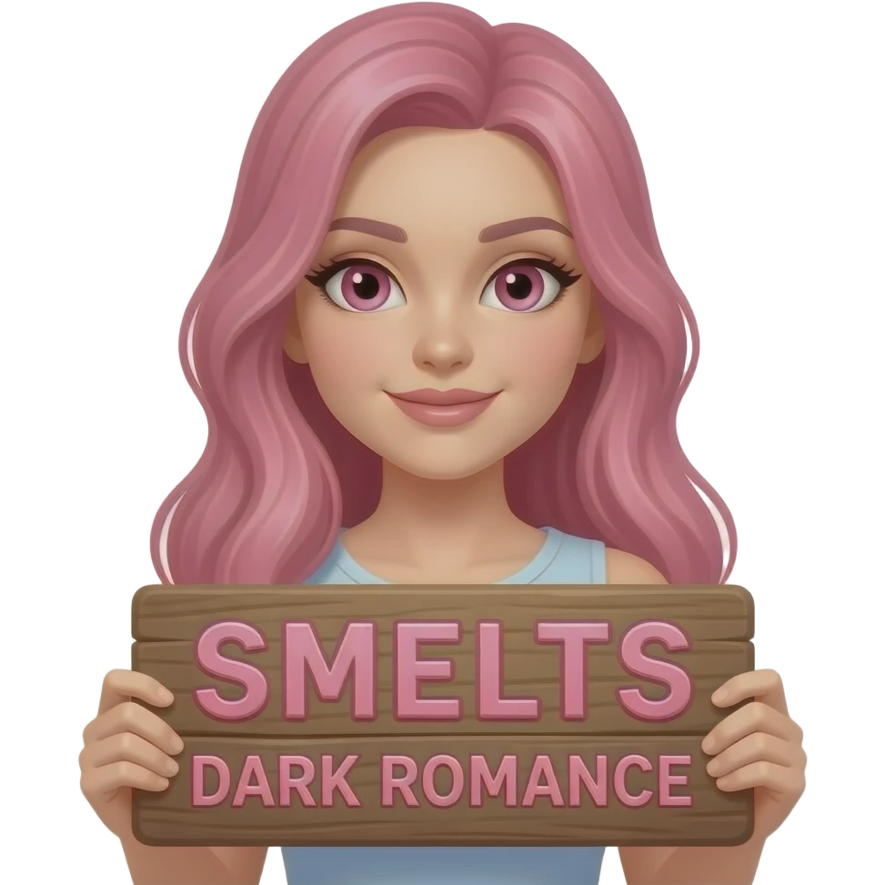 sexy girl with long pink hair and pink eyes holding a SMELLS like DARK ROMANCE sign emoji