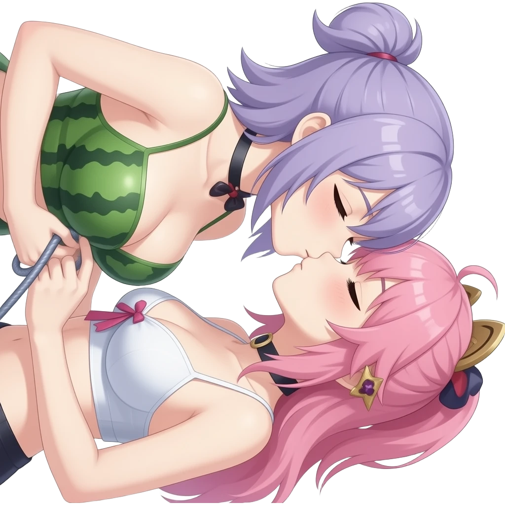 Two anime girls kissing wearing revealing outfits, one on too that has tits bigger than a watermelon and light purple hair and is holding a leash thats tied to the other girl with her eyes closed, and one on the bottom which is wearing a collar and has pink hair and closed eyes emoji