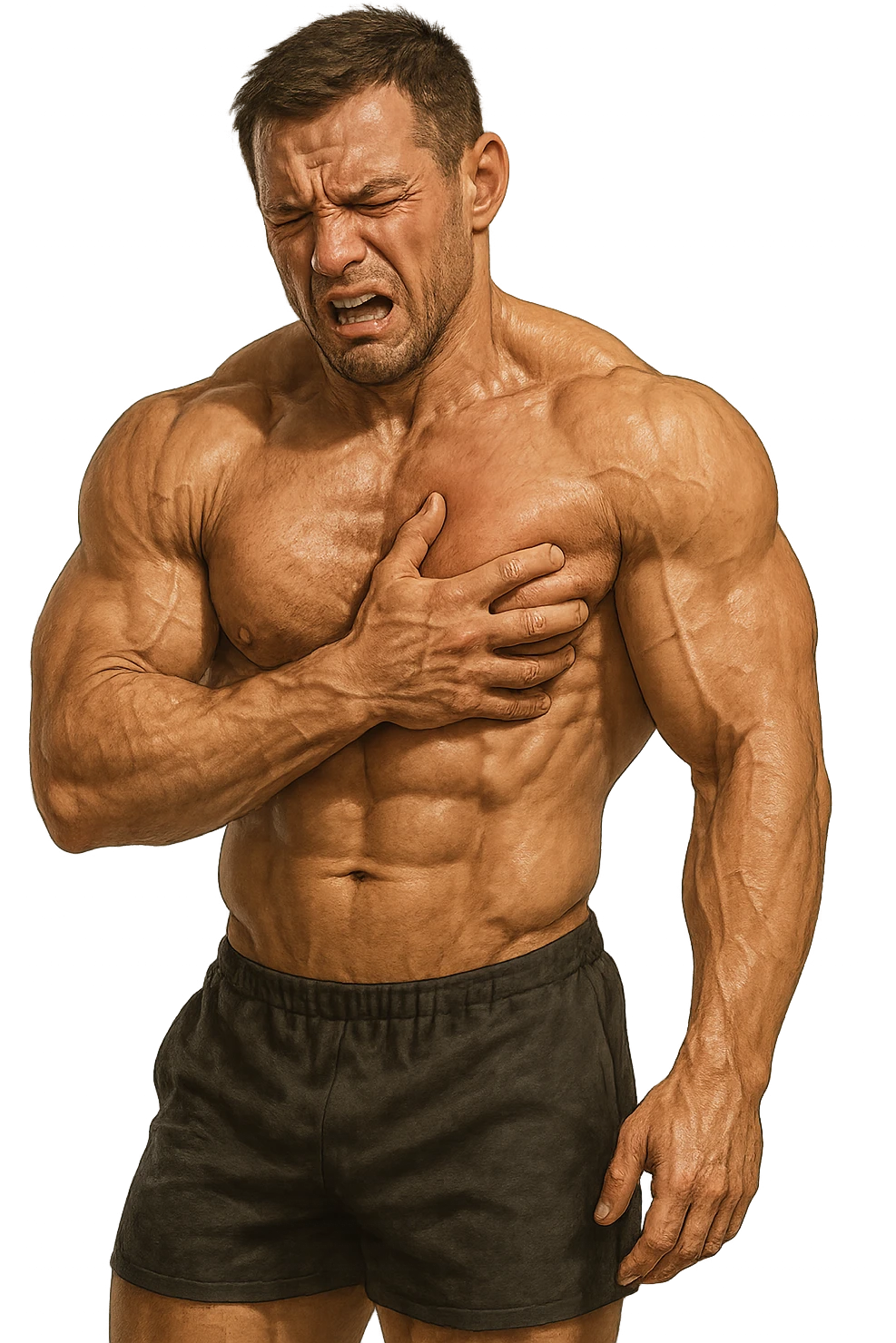 bodybuilder che si tiene una mano sul pettorale perché gli fa male, espressione di dolore in volto emoji