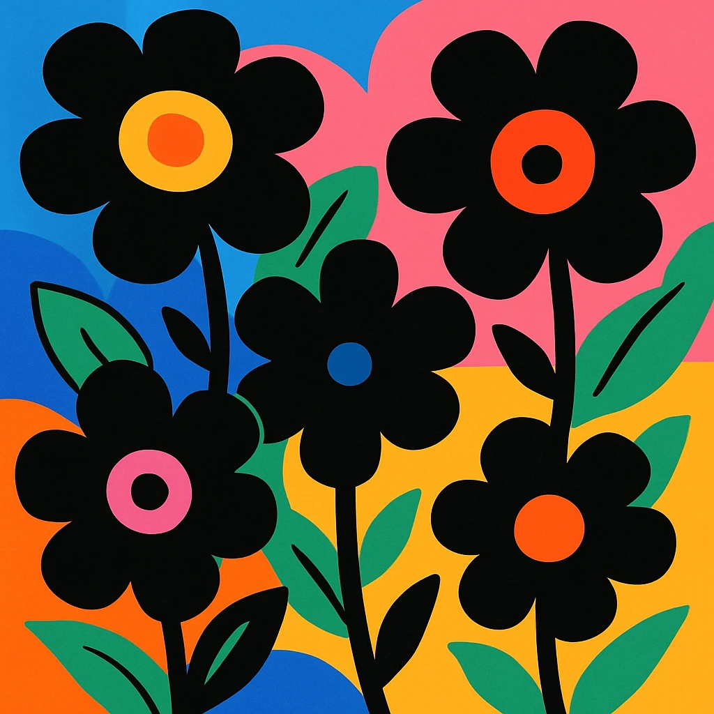black flowers, vibrant toon style, colorful and lively emoji